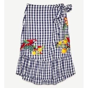 Zara Gingham Wrap Skirt Medium M Embroidered Parrot Floral Side Tie